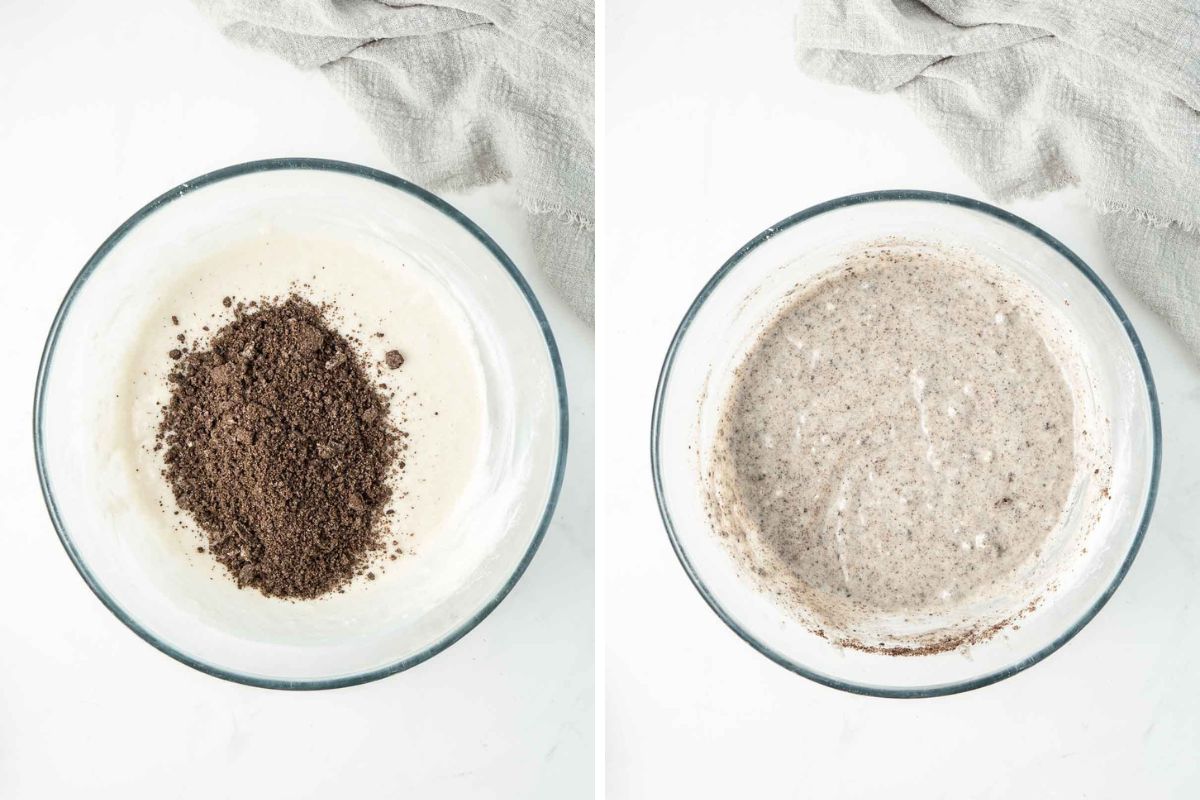 Making the Oreo cupcake batter in a large glass bowl.