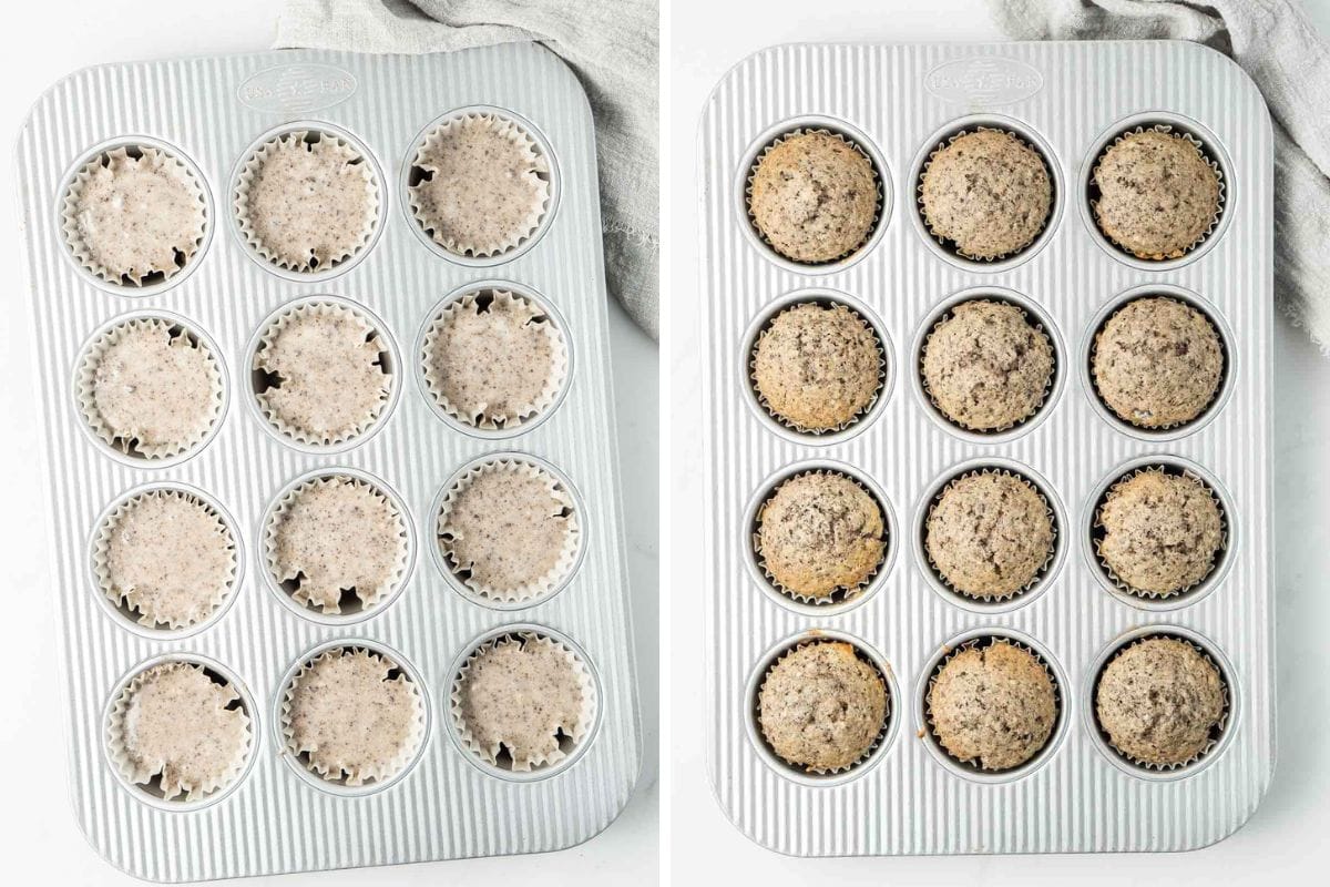 Oreo cupcakes ready for the oven and freshly baked in the pan.