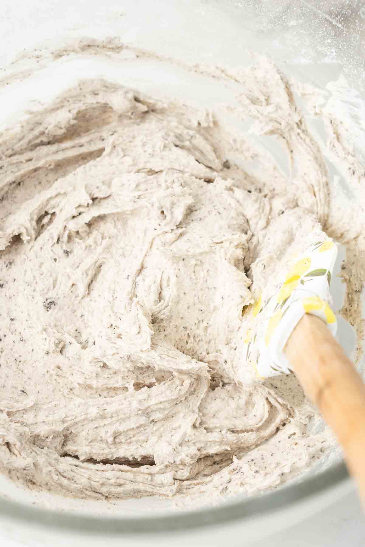 Close up of vegan Oreo buttercream in a bowl.