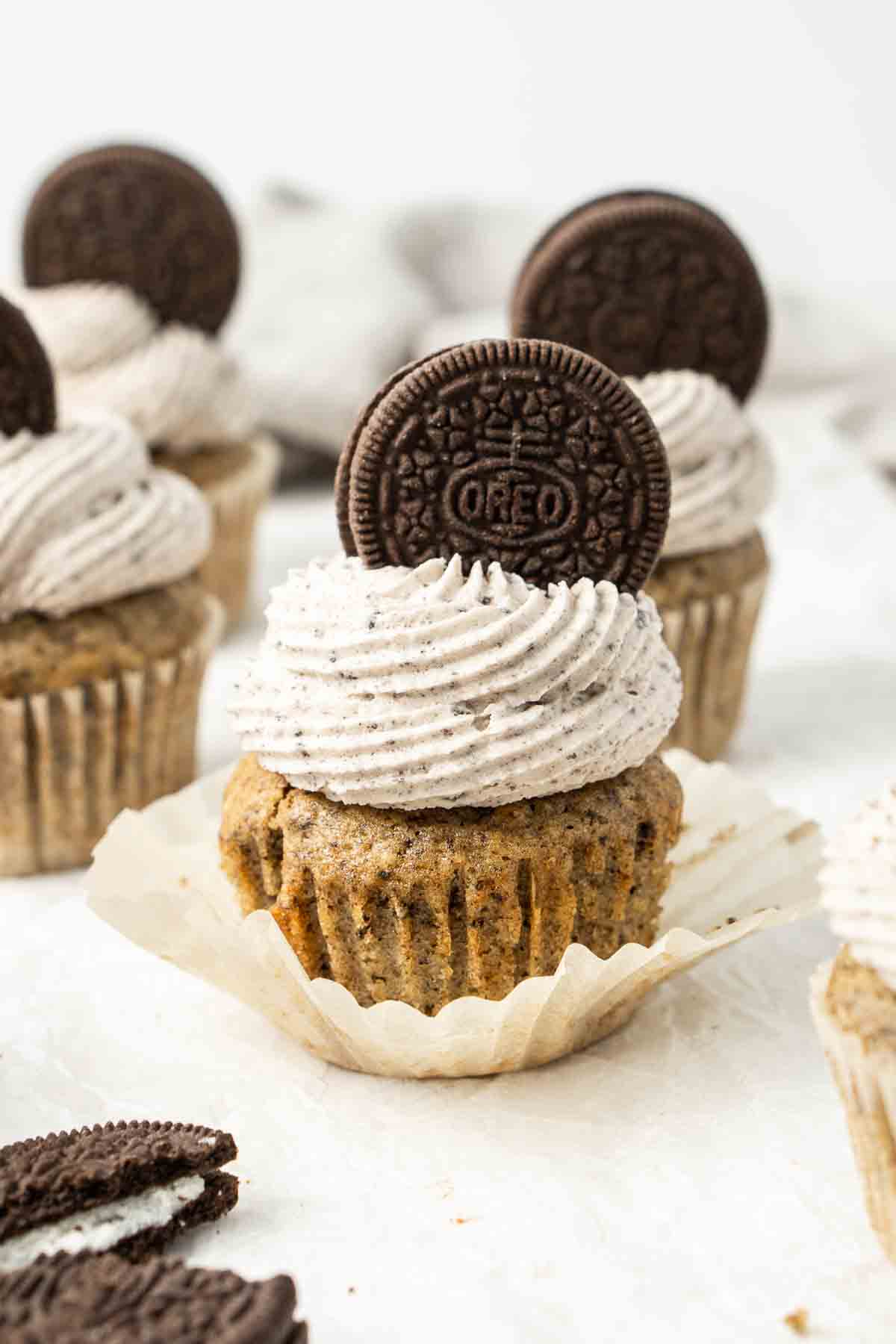 Close up of an Oreo cupcake.