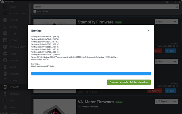 M5 Burnerでファームウェアの更新に成功した画面。