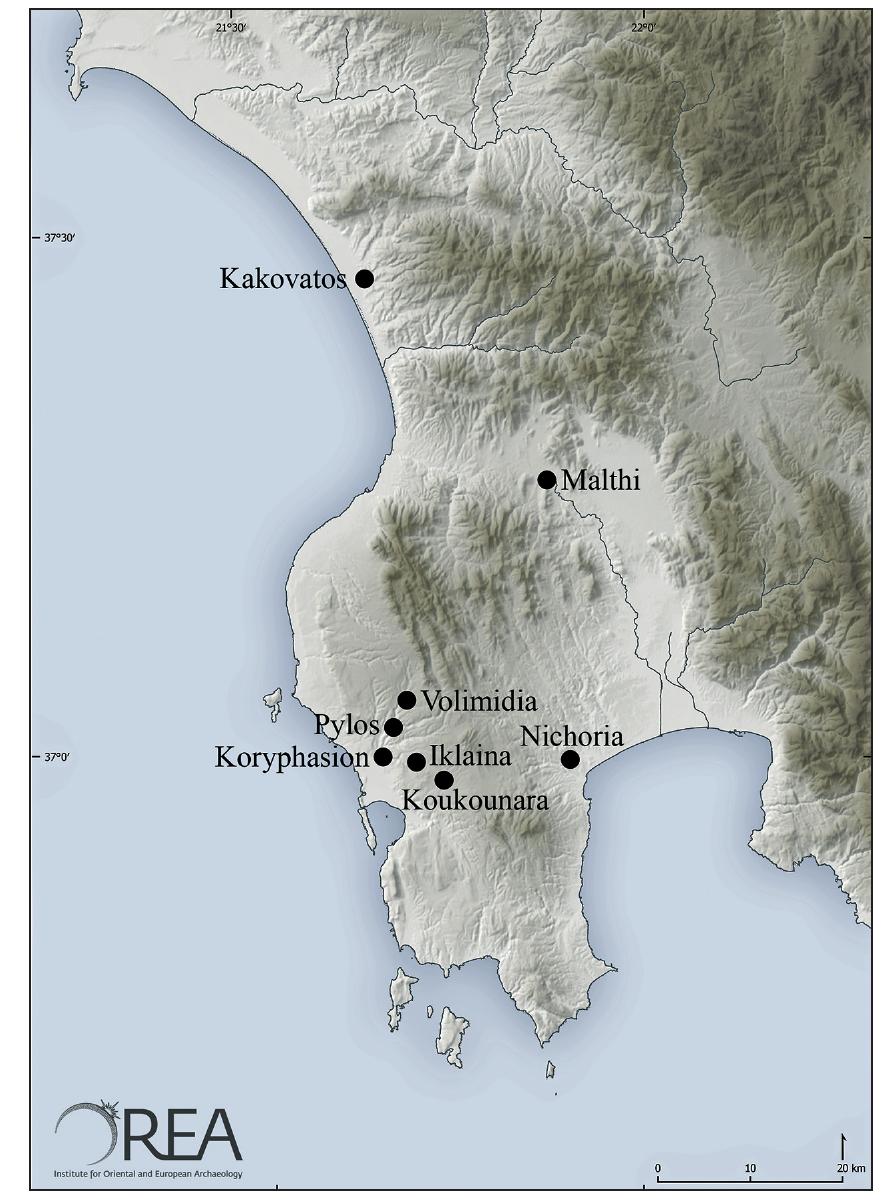 Fig. 8: Distribution map of ‘spinning bowls’ in the southwestern Peloponnese (B. Eder, J. Huber)  In Kakovatos, there are fragments of at least eight such either concave or convex ‘spinning bowls’ from various contexts. Their characteristic shape relates the bowls from Kakovatos to their Messenian counterparts, and this is only one of the clues that indicate the existence of close cul- tural ties between Kakovatos and Messenia in the early Mycenaean period.”° Together with a few clay spindle whorls (Fig. 9) and spools or reels (Fig. 10), the so-called spinning bowls indicate textile production that can be associated with the room in Ka 1.7! 