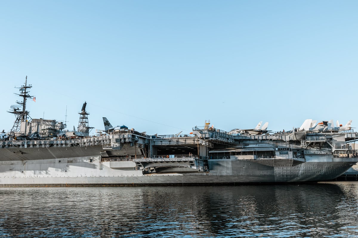 The front of the USS midway ship in San Diego