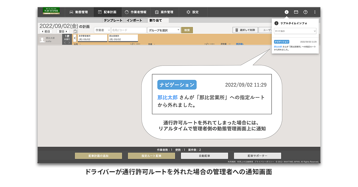 ドライバーが通行許可ルートを外れた場合の管理者への通知画面