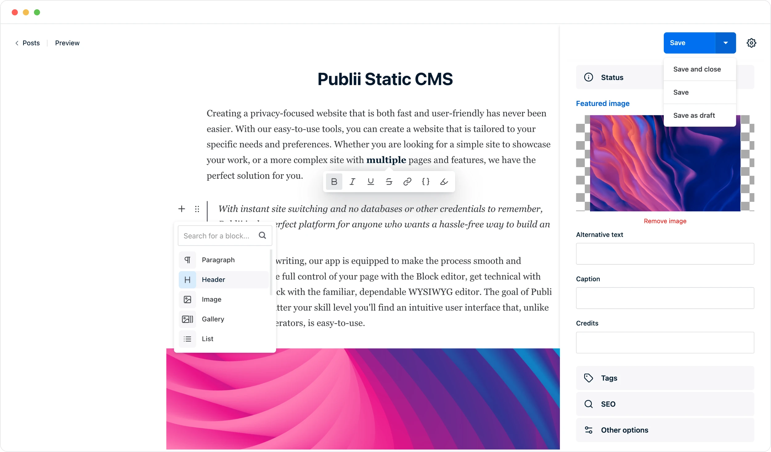 Publii Static HTML CMS for Windows, Mac and Linux