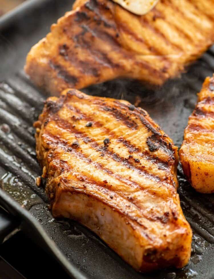 Marinated pork chops on grill pan