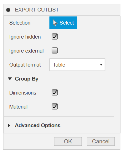 The Export Cutlist option dialog