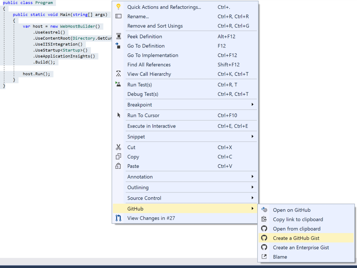 Location of Create a GitHub Gist in the GitHub submenu