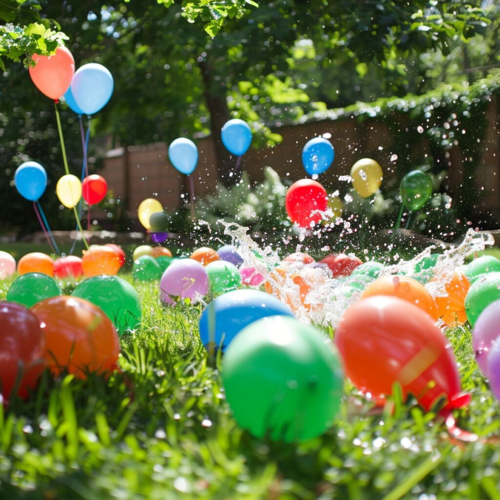 Water balloons in a backyard. 