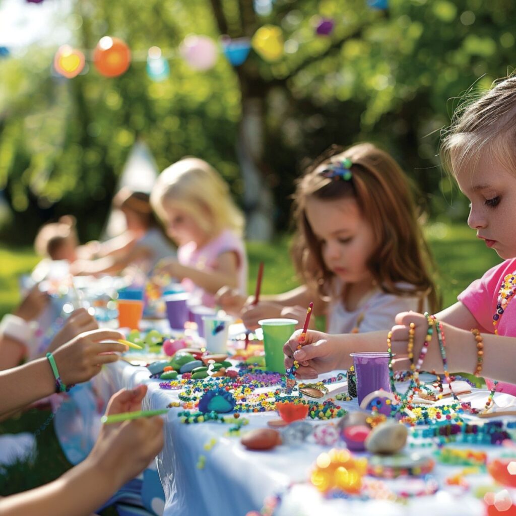 Party table outside with kids doing crafts. 