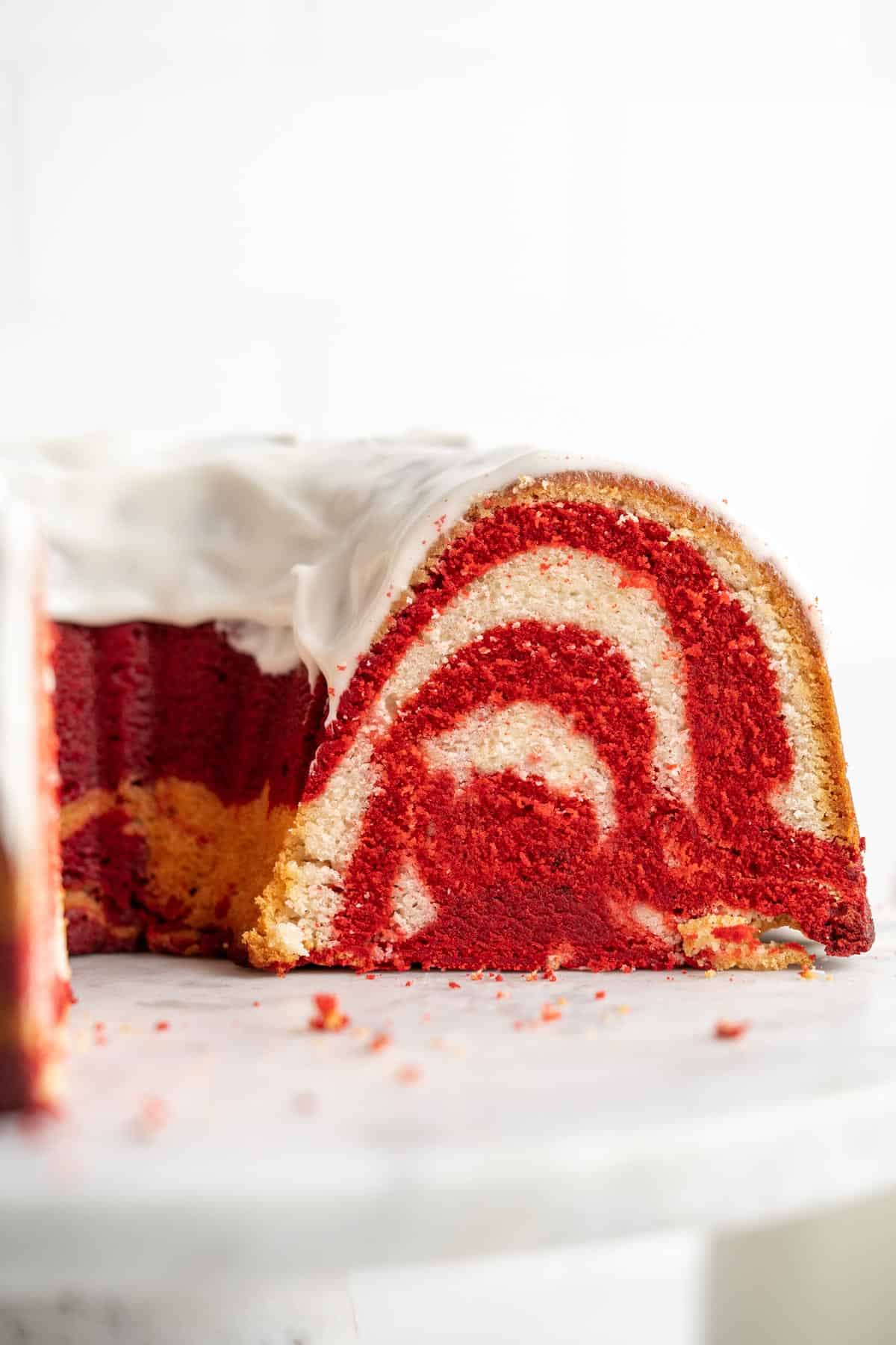 Red Velvet Marble Pound Cake Recipe slice in a cake