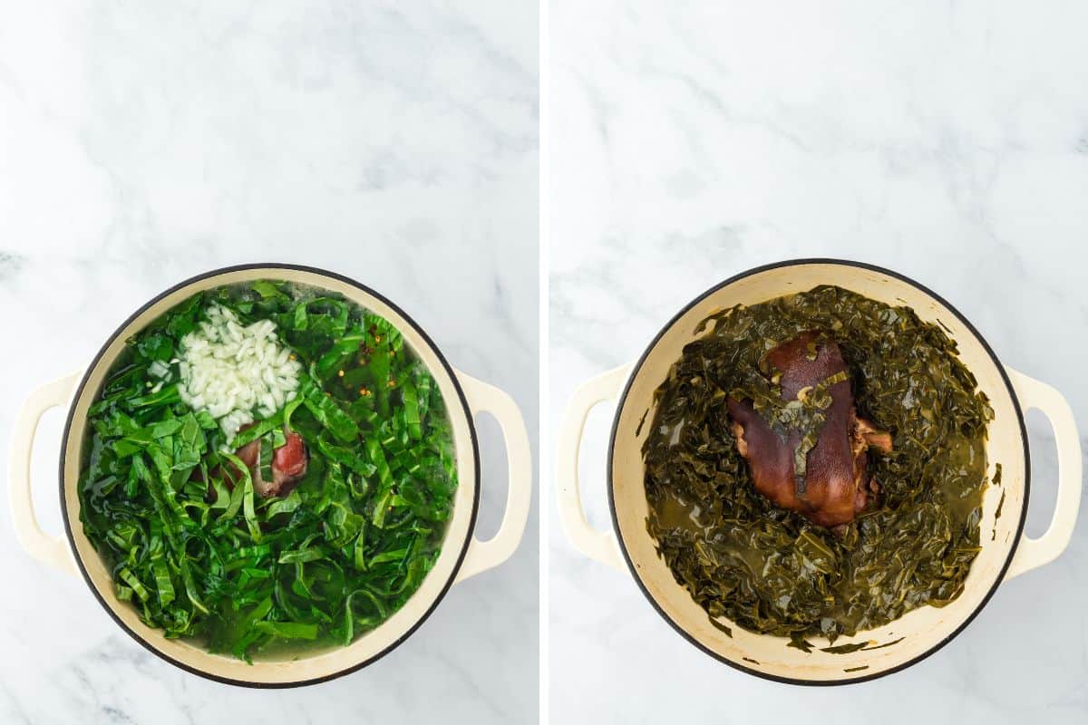 A step by step image collage on how to make this collard greens recipe, with adding the greens and rest of the ingredients to the pot with the ham hock and letting them cook