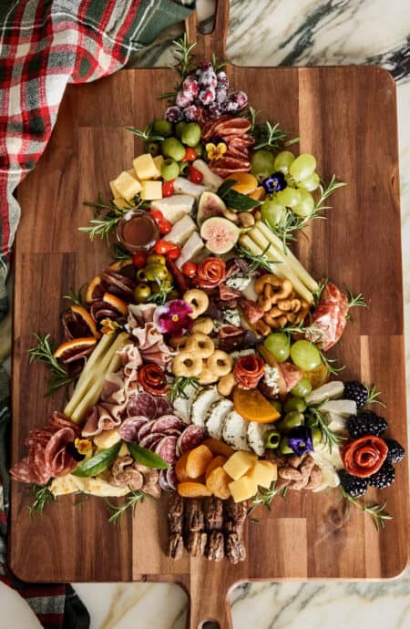 Christmas tree charcuterie board on a wooden board ready to serve