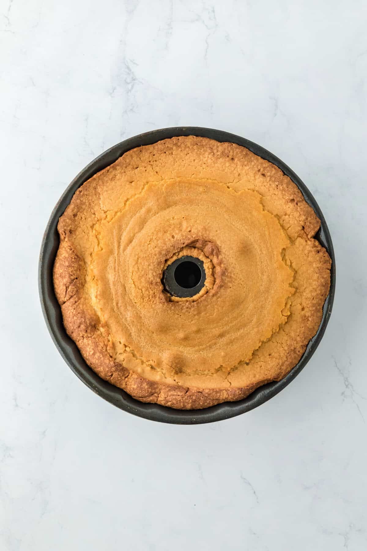 Finished baking cake in a bundt pan before flipping out