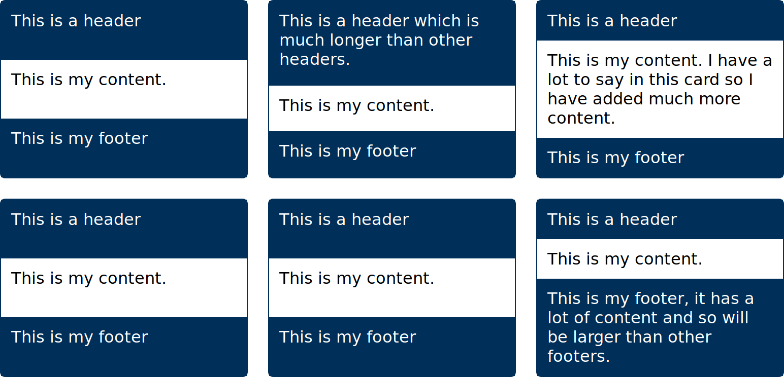 A grid of cards with headers and footers which do not align