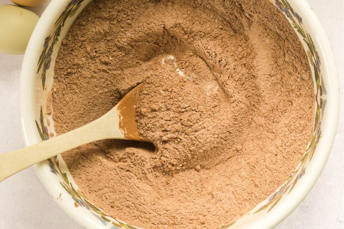 mixing bowl with sugar, cocoa, flour.