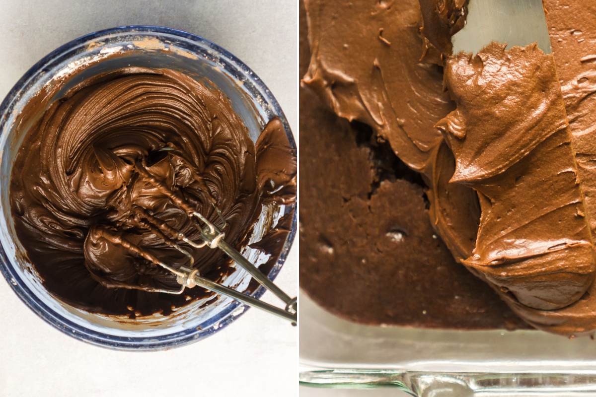 frosting in mixing bowl and spread on cake