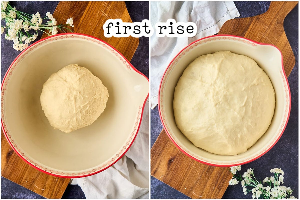 red bowl of dough before and after rising.