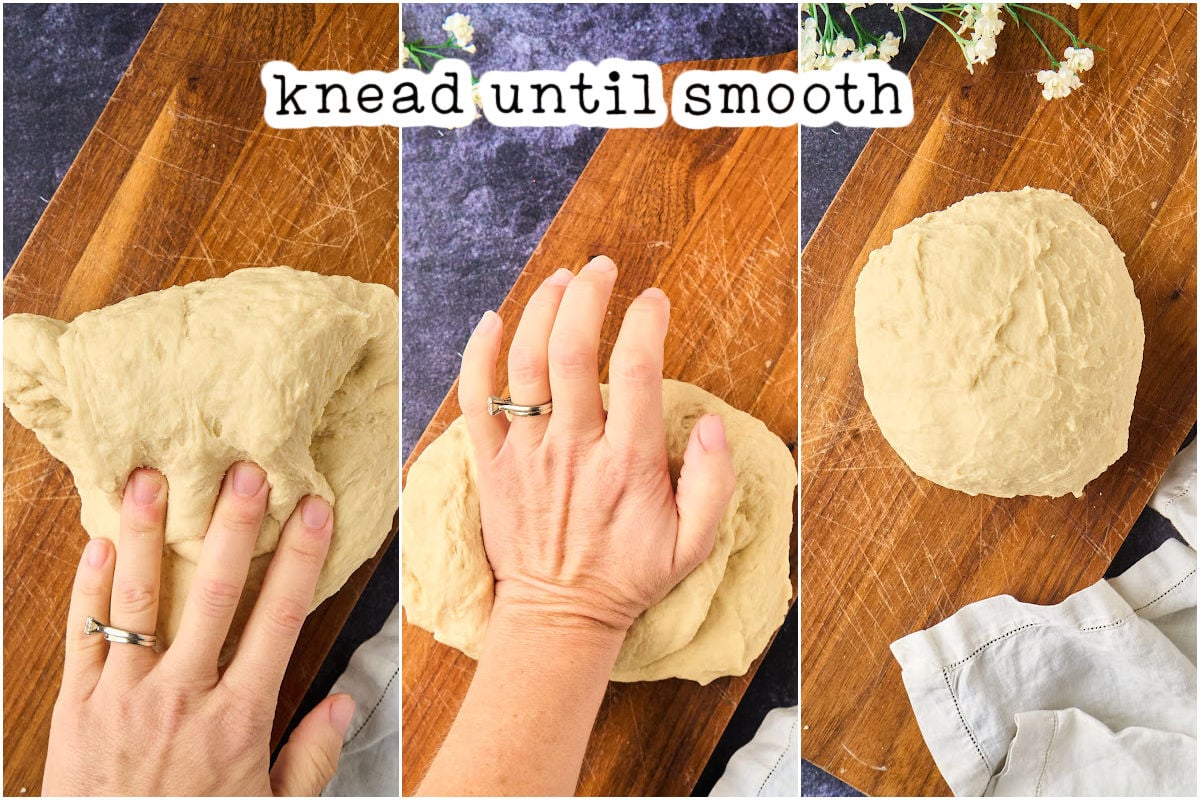 hand kneading dough on cutting board.