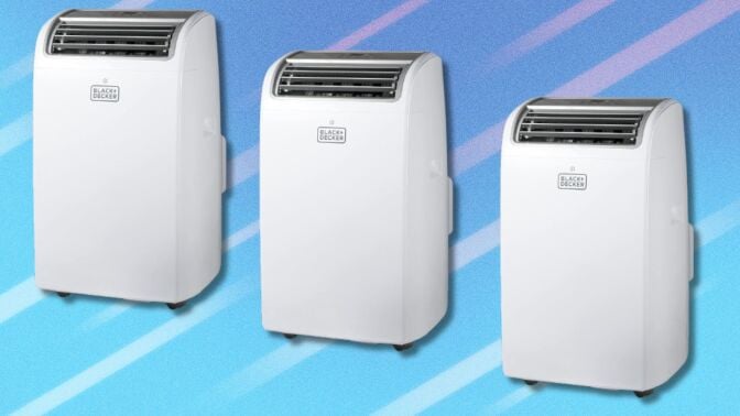 three Black+Decker portable air conditioner units sit in a line on a light blue background with white streaks running through it