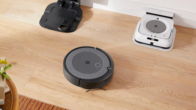 robot vacuum on a hardwood floor 