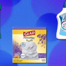 Cleaning supplies on blue and purple background