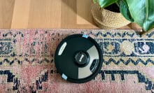 shark matrix plus 2-in-1 robot vacuum and mop on area rug near hardwood floor and indoor plant