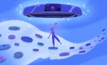 Blue tinted illustration of person surfing on cloud of small robot vacuums and reaching toward large robot vacuum in the sky