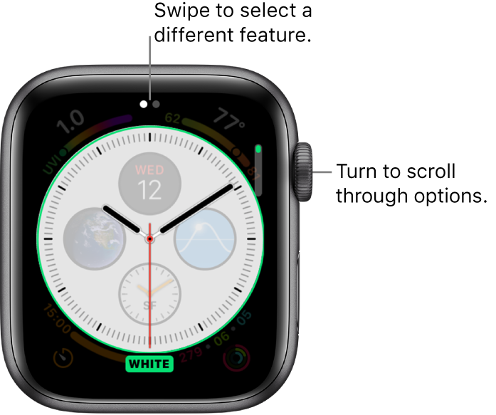 Infograph customize screen with dial style feature highlighted. Turn the Digital Crown to change options.