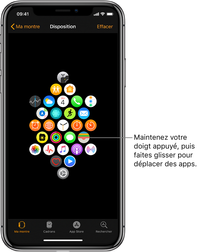 L’écran Disposition de l’app Apple Watch présentant une grille d’icônes. Une légende pointe vers l’icône d’une app et dit : « Touchez et faites glisser pour déplacer des apps ».