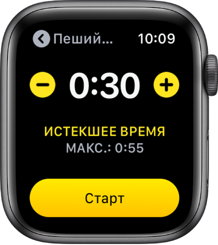 Экран цели. Вверху показано время, по сторонам находятся кнопки «плюс» и «минус», внизу находится кнопка «Начать».