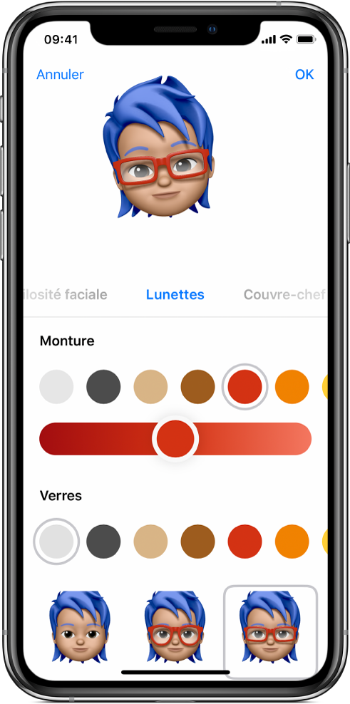 L’écran de création d’un Memoji, montrant un personnage en cours de création en haut, les caractéristiques physiques sous le personnage et les options de personnalisation pour la caractéristique sélectionnée en dessous. Le bouton OK se trouve en haut à droite et le bouton Annuler est en haut à gauche.