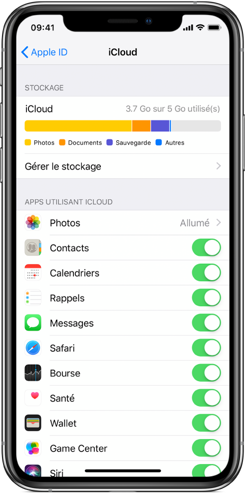 L’écran des réglages d’iCloud montrant l’indicateur d’espace de stockage d’iCloud et une liste d’apps et de fonctionnalités, notamment Mail, Contacts et Messages pouvant être utilisées avec iCloud.