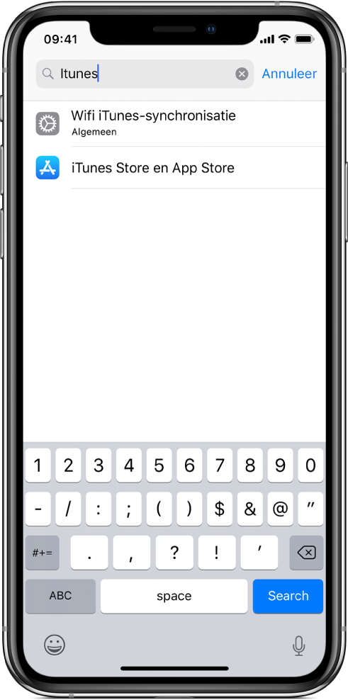 Het scherm om naar instellingen te zoeken, met het zoekveld boven in het scherm. In het zoekveld staat de zoektekst "iTunes" en in de lijst eronder staan twee gevonden instellingen.