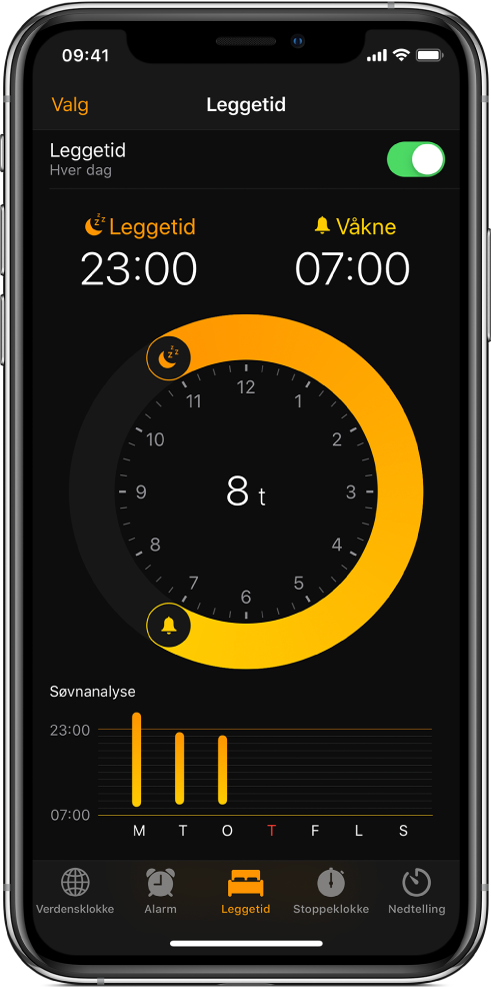 Leggetid-fanen, der leggetiden vises som at den begynner klokken 23, og vekketiden er satt til klokken 7 om morgenen.