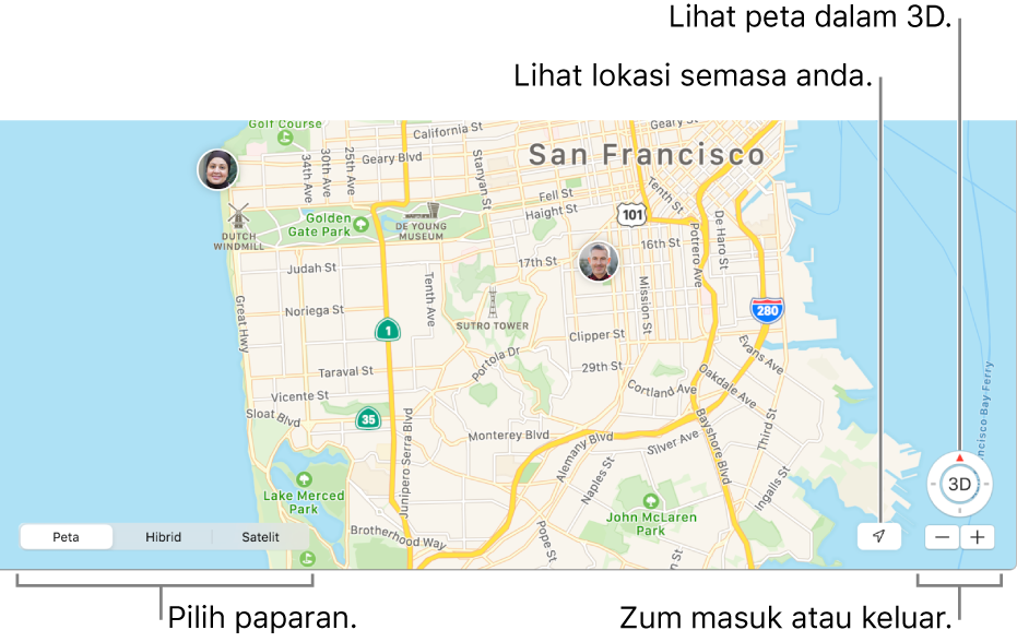 Paparan tetingkap Cari menunjukkan lokasi orang pada peta. Di penjuru kiri bawah, pilih daripada tiga pilihan paparan yang berbeza—Peta, Hibrid, atau Satelit. Sepanjang bahagian bawah tetingkap, klik butang Lokasi Semasa untuk melihat lokasi anda pada peta atau gunakan butang zum untuk zum masuk atau keluar pada peta. Di atas butang zum, klik butang 3D untuk melihat peta.