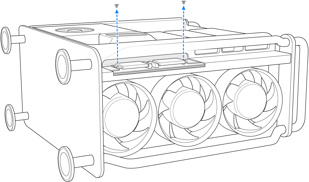 Mac Pro nằm trên mặt bên và đang hiển thị hai vít đang được tháo.