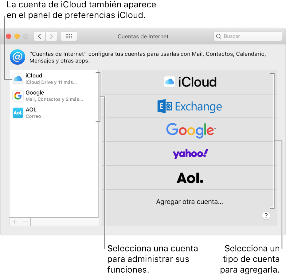 Panel de preferencias “Cuentas de Internet” con cuentas a la derecha, y tipos de cuentas disponibles en la izquierda.