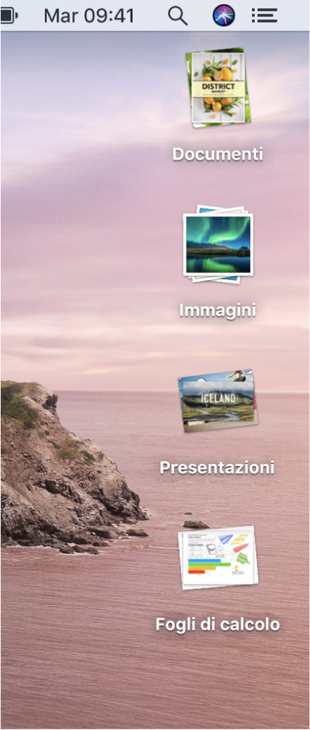 Una scrivania del Mac con quattro pile, per documenti, immagini, presentazioni e fogli di calcolo, lungo il margine destro dello schermo.
