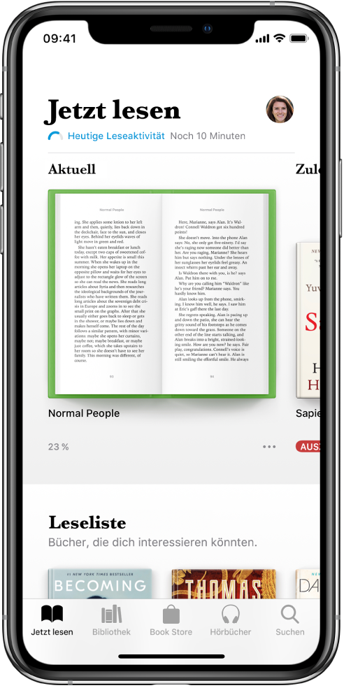 Der Bildschirm „Jetzt lesen“ in der App „Bücher“. Unten auf dem Bildschirm sind von links nach rechts die Tabs „Jetzt lesen“, „Bibliothek“, „Book Store“, „Hörbücher“ und „Suchen“ zu sehen.