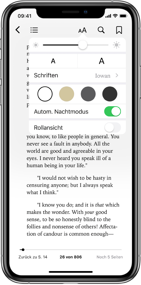 Das Menü „Erscheinungsbild“ mit – von oben nach unten – den Optionen „Helligkeit“, „Schriftgröße“, „Schrift“, „Hintergrundfarbe“, „Automatischer Nachtmodus“ und „Rollansicht“.