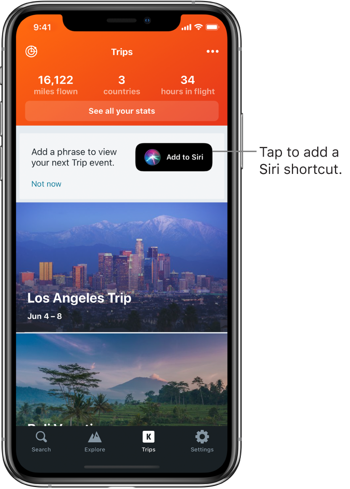 The screen of a travel app. The Add to Siri button is to the right of text reading “Add a phrase to view your next trip event.”