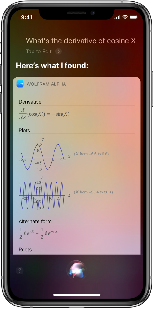 A response to the question “What’s the derivative of cosine x?” The screen shows, from top to bottom, an equation, two graphs, and additional information.