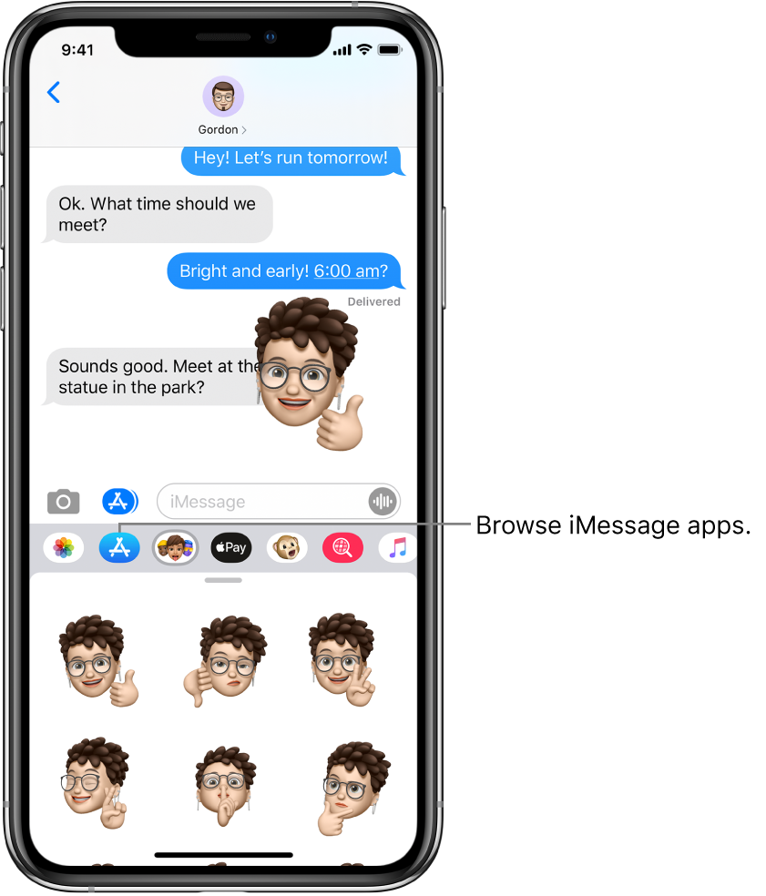 A Messages conversation, with the iMessage App Browser button selected. The open app drawer shows smiley stickers.