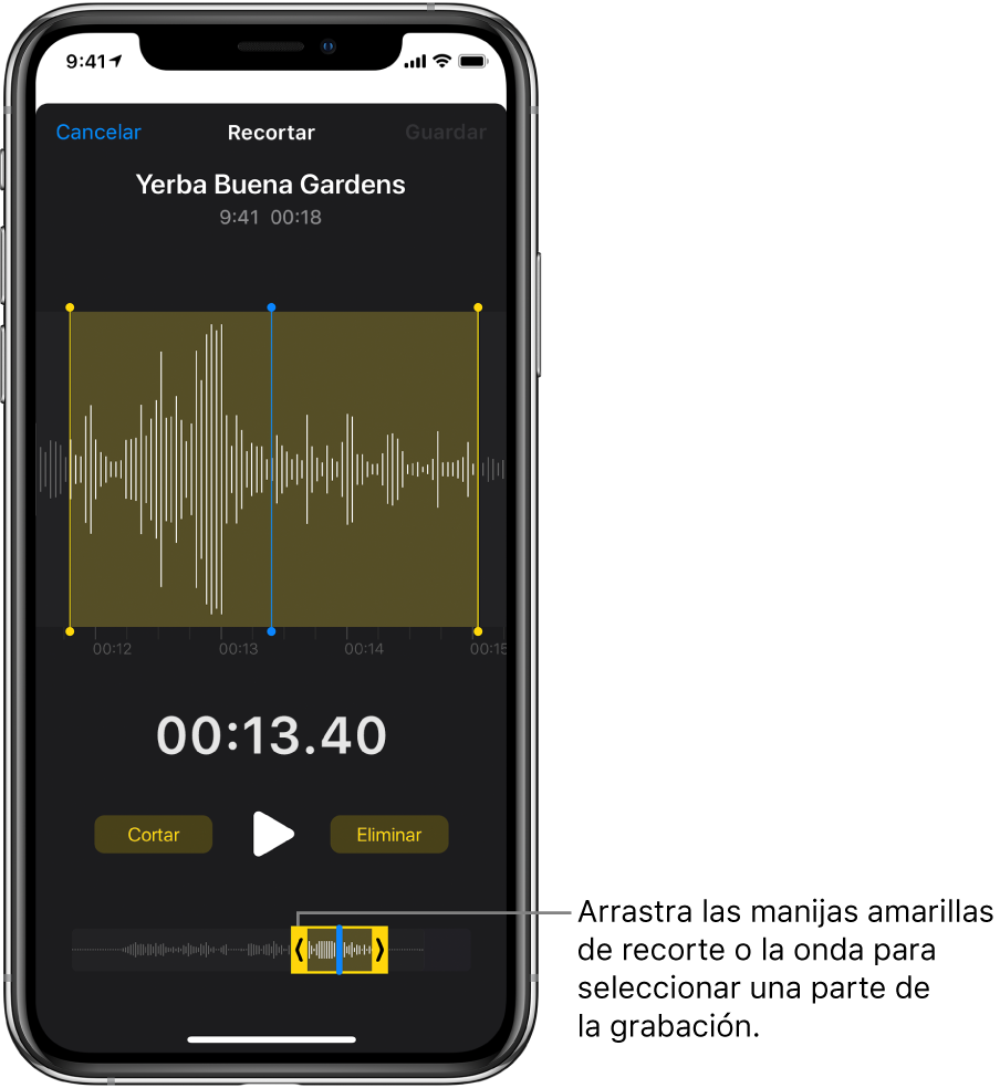 La grabación se recorta usando las manijas de recorte al separar una parte de la onda de audio en la parte inferior de la pantalla. Encima de la onda aparecen el botón Reproducir y un temporizador de grabación. Las manijas de recorte se encuentran debajo del botón Reproducir.