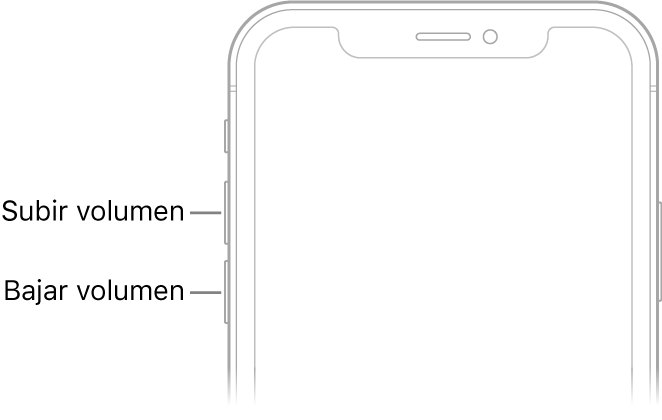 Parte superior del frontal del iPhone con los botones de subir volumen y bajar volumen en la parte superior izquierda.