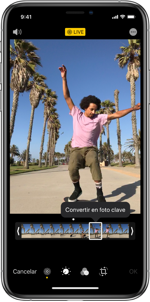Pantalla de Live Photos con la Live Photo en el centro. El botón Live está en la parte superior central, mientras que en la parte superior izquierda se encuentra el botón Sonido. Debajo de la Live Photo está el visor de fotogramas con el botón “Convertir en foto clave” activo. En ambos extremos del visor de fotogramas hay dos barras que te permiten acortar la Live Photo.