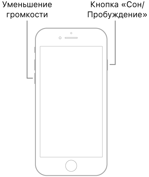 Иллюстрация iPhone 7, расположенного экраном вперед. Кнопка уменьшения громкости расположена на левом боку устройства, а кнопка «Сон/Пробуждение» — на правом.