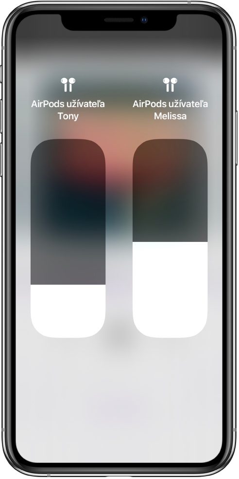 Posuvník ovládania hlasitosti pre dvoje AirPody.