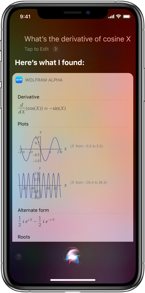 Odpoveď na otázku „What’s the derivative of cosine x?“ (Aký je diferenciál kosínusu x?). Na obrazovke sa zhora nadol zobrazuje rovnica, dva grafy a ďalšie informácie.